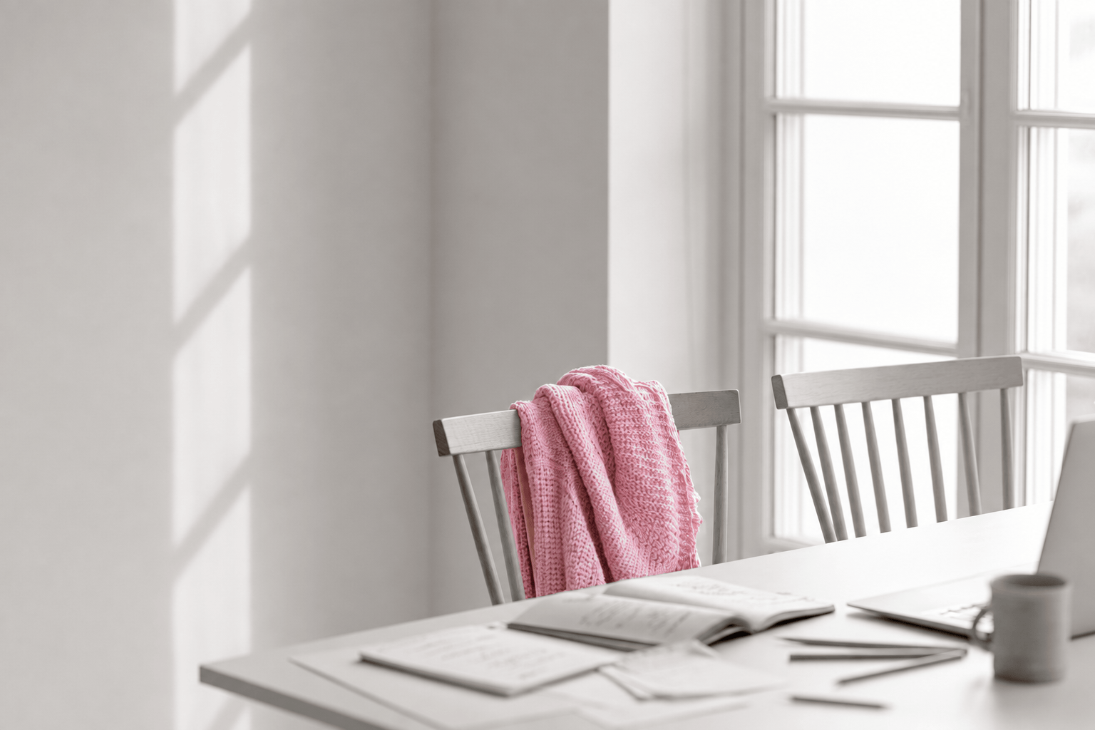 Mesa junto a la ventana con dos sillas y una manta rosa