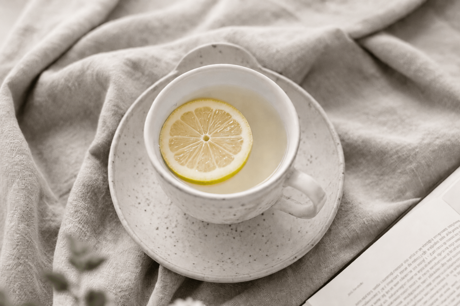 Taza de té con una rodaja de limón sobre un lino claro
