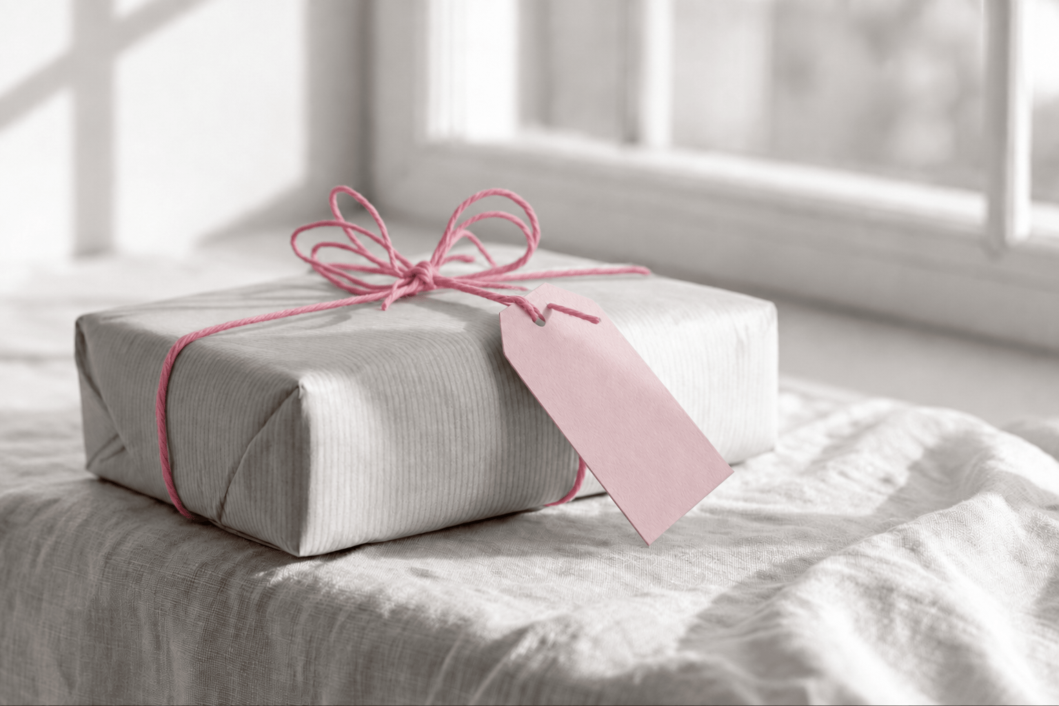 Paquete envuelto en papel claro, atado con cordel rosa y una tarjeta rosa